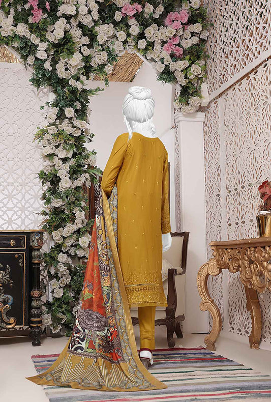 HZ Textiles Embroidered Cotton Dobby Collection 3 Piece Stitched 4B-Mustard- Ready To Wear