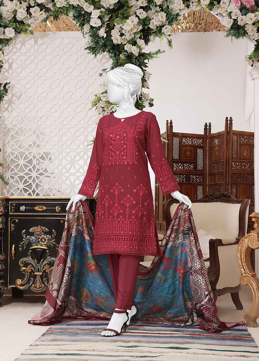 HZ Textiles Embroidered Cotton Dobby Collection 3 Piece Stitched 4A-Magenta - Ready To Wear